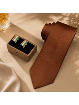 The Tie Hub - Solid Rust Silk Necktie Combo Set With India Flag Rectangular Brass Cufflinks For Men