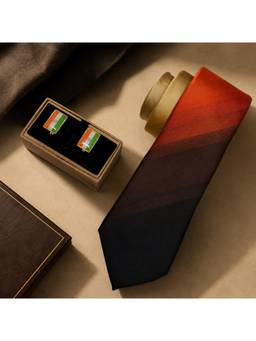 The Tie Hub - Gradient Orange & Black Necktie India Flag Rectangular Brass Cufflinks For Men