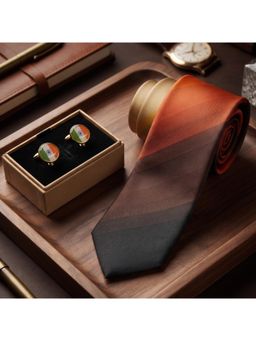The Tie Hub - Gradient Orange & Black Necktie India Flag Rectangular Brass Cufflinks For Men