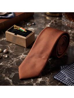 The Tie Hub - Solid Rust Silk Necktie Combo Set With India Flag Rectangular Brass Tie Bar For Men