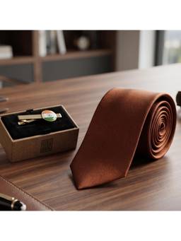 The Tie Hub - Solid Rust Silk Necktie Combo Set With India Flag Round Brass Tie Bar For Men