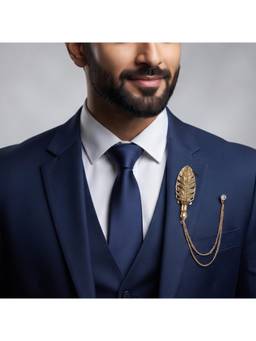 The Tie Hub - Mens Gold Brass Feather Lapel Pin with Chain