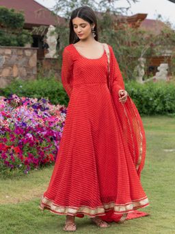 HOUSE OF JAMOTI - Scarlett Sage Red Stripes Anarkali Kurta (Set of 3)