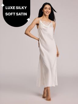Nykd by Nykaa - Luxe Satin Slip Dress With Lace-Accented Cowl Neck-Bridal Edit-NYS960 White