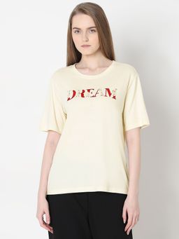 VERO MODA - Cream Embellished Text T-Shirt