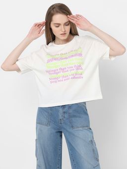VERO MODA - White Text Print Cotton T-Shirt