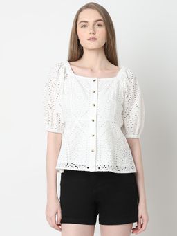 VERO MODA - White Schiffli Peplum Top