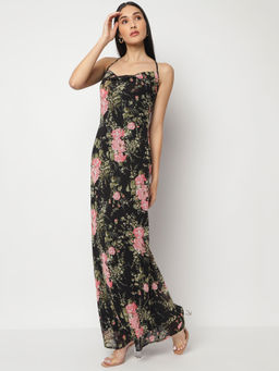 Missguided - Black Floral Cowl Neck Cross Back Maxi Dress