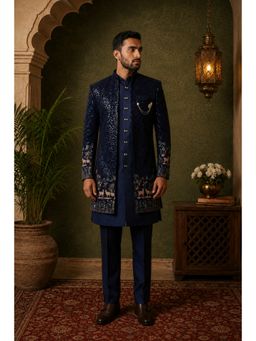 Jompers - Men Navy Blue Heavily Jacket With Bandhgala And Trouser