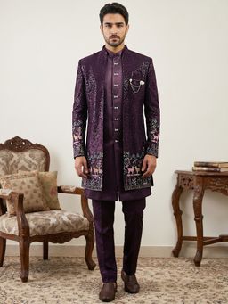 Jompers - Men Purple Heavily Jacket With Bandhgala And Trouser