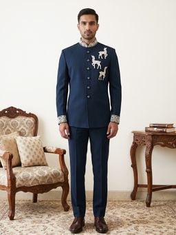 Jompers - Deer Embroidered Japanese Fabric Indo-Western Bandhgala With Trouser