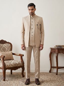 Jompers - Men Cotton Blend Jacket With Bandhgala And Trouser Beige