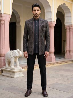 Jompers - Men Velvet Jacket With Bandhgala And Trouser Black