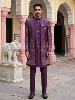 Jompers - Men Silk Blend Jacket With Bandhgala And Trouser Purple