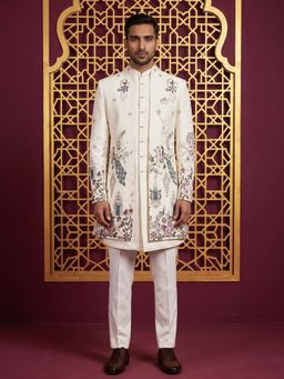 Jompers - Silk Blend Peacock And Floral Jacket With Bandhgala And Trouser