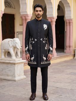 Jompers - Silk Blend Horse And Crane Jacket With Bandhgala And Trouser