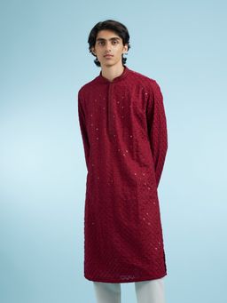 Manyavar - Maroon Cotton Blend Kurtas for Men