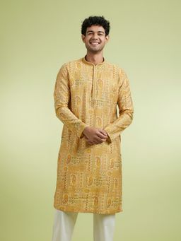 Manyavar - Yellow Viscose Blend Kurtas for Men