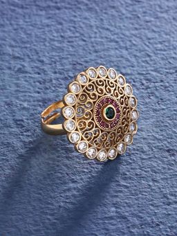 Zaveri Pearls - Pink Stones Studded Filigree Traditional Finger Ring-ZPFK14064