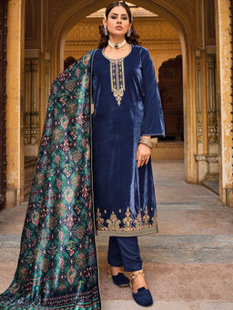 Stylee LIFESTYLE - Navy Blue Velvet Embroidered Dress Material (Set of 3)