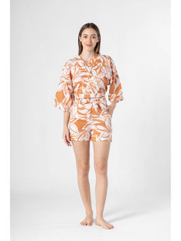 SAY - Orange V-Neck Flroal Printed Night Top with Shorts (Set of 2)