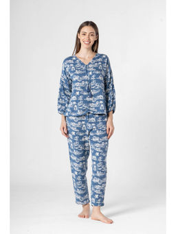 SAY - Blue Printed V-Neck Night Top with Pyjama (Set of 2)