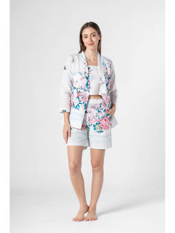 SAY - White Floral Shawl Neck Night Top with Shorts & Jacket (Set of 3)