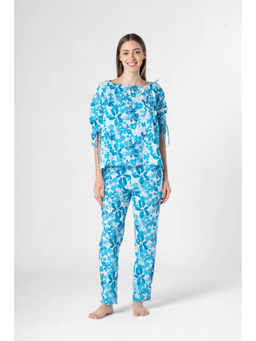 SAY - Blue Floral Round Neck Night Top with Pyjama (Set of 2)