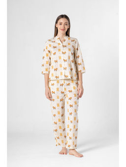 SAY - Yellow Mandarin Collar Printed Shirt with Pyjama (Set of 2)