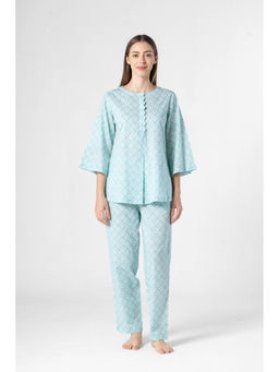 SAY - Blue Round Neck Printed Top with Pyjama (Set of 2)