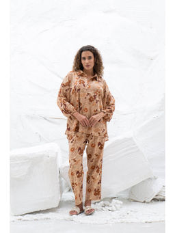 SAY - Beige Floral Collar Neck Full Sleeves Night Top with Pyjama (Set of 2)