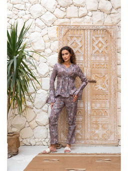 SAY - Grey Floral V-Neck Night Shirt with Pyjama (Set of 2)