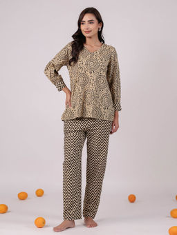 SAY - Beige Printed V-Neck Three Fourth Sleeves Night Top with Pyjama (Set of 2)