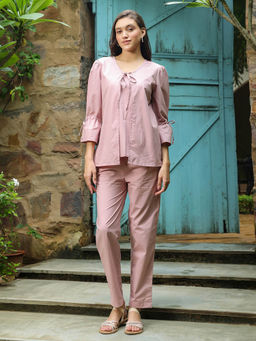 SAY - Pink Solid Three Fourth Sleeves Night Top with Pyjama (Set of 2)