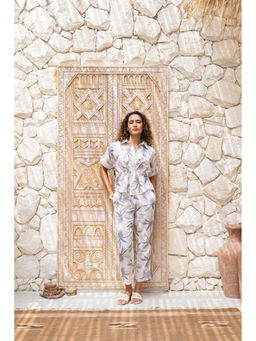 SAY - White Floral Collar Neck Night Shirt with Pyjama (Set of 2)