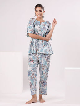 SAY - White Floral V-Neck Half Sleeves Night Kaftan Top with Pyjama (Set of 2)