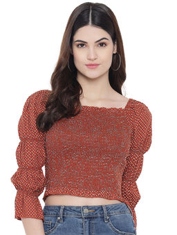 Trend Arrest - Rust Polka Dot Smocking Sleeve Top