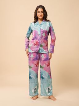 Drape In Vogue - Soft Blooms Satin Nightsuit