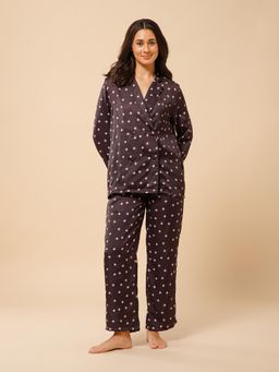 Drape In Vogue - Midnight Elegance Double Breasted Satin Nightsuit