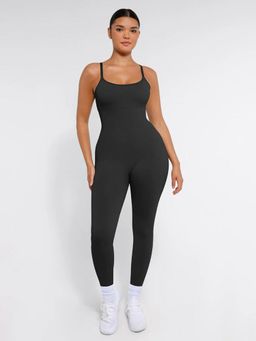 Shop The Edit - High Stretchy Seamless Sling Tummy Control Jumpsuit Removable Cup Pads Black
