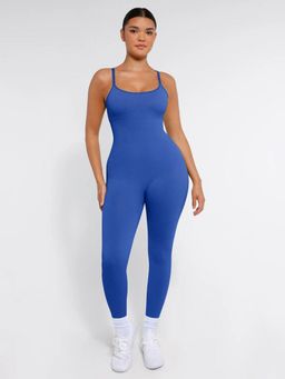 Shop The Edit - High Stretchy Seamless Sling Tummy Control Jumpsuit Removable Cup Pads Blue
