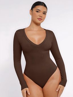 Shop The Edit - Long Sleeved V-Neck Waist Shaping Tummy Control Seamless Bodysuit Brown