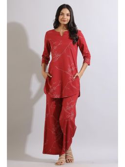 Jisora - Womens Maroon Printed Cotton Night Suit