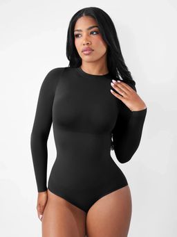 Shop The Edit - Crew Neck Long Sleeve Tummy Control Snap Crotch Briefs Bodysuit Black