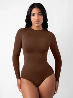 Shop The Edit - Crew Neck Long Sleeve Tummy Control Snap Crotch Briefs Bodysuit Brown
