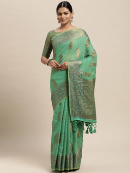 Sareemall - Womens Silk Blend Green Woven Design Saree with Unstitched Blouse