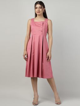Sands of India - Buttoned Pink Pinafore Knee Length Dress