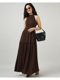 Sands of India - Brown Halter Neck Gathered Maxi Dress