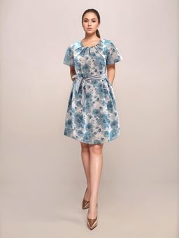 Zink London - Women Blue Floral Short Sleeves Mini Dress with Belt (Set of 2)