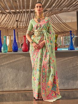 Akhilam - Women's Silk Blend Green Woven Designer Saree with Unstitched Blouse